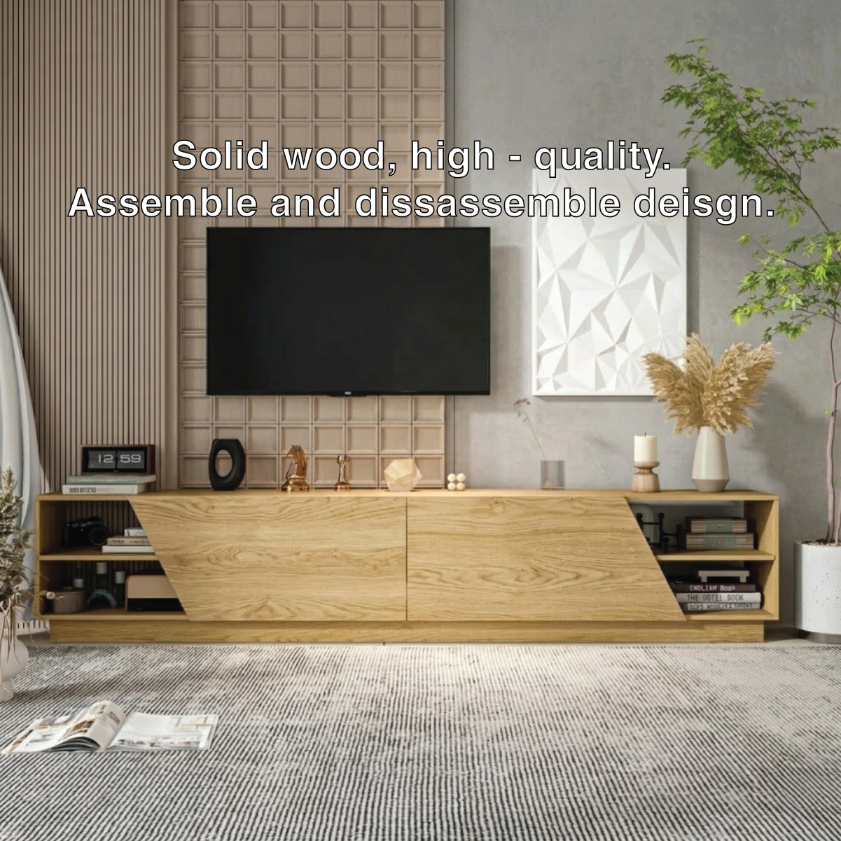 Modern Solid Wood TV Stand Geometric Front Media Console Low Profile Storage Unit