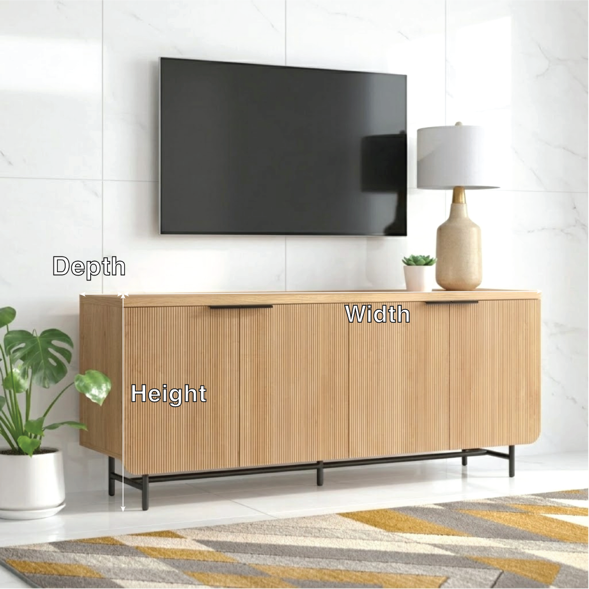 Modern Solid Wood TV Stand Fluted Front Media Console with Metal Base Storage Unit