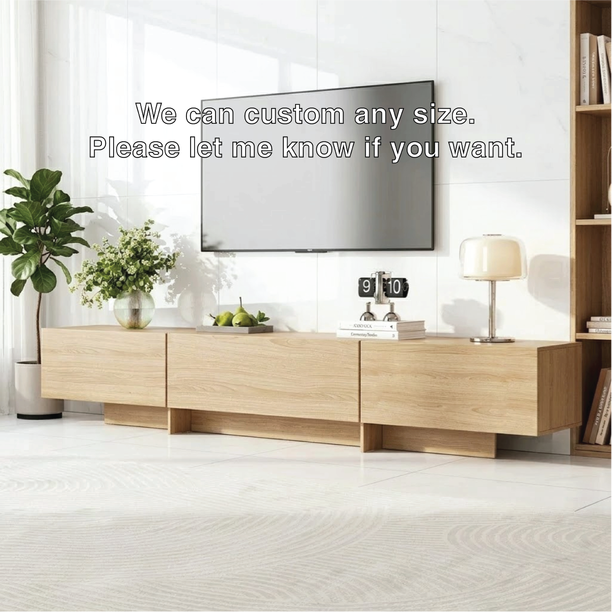 Modern Solid Wood TV Stand Long Low Profile Media Console Minimal Storage Unit