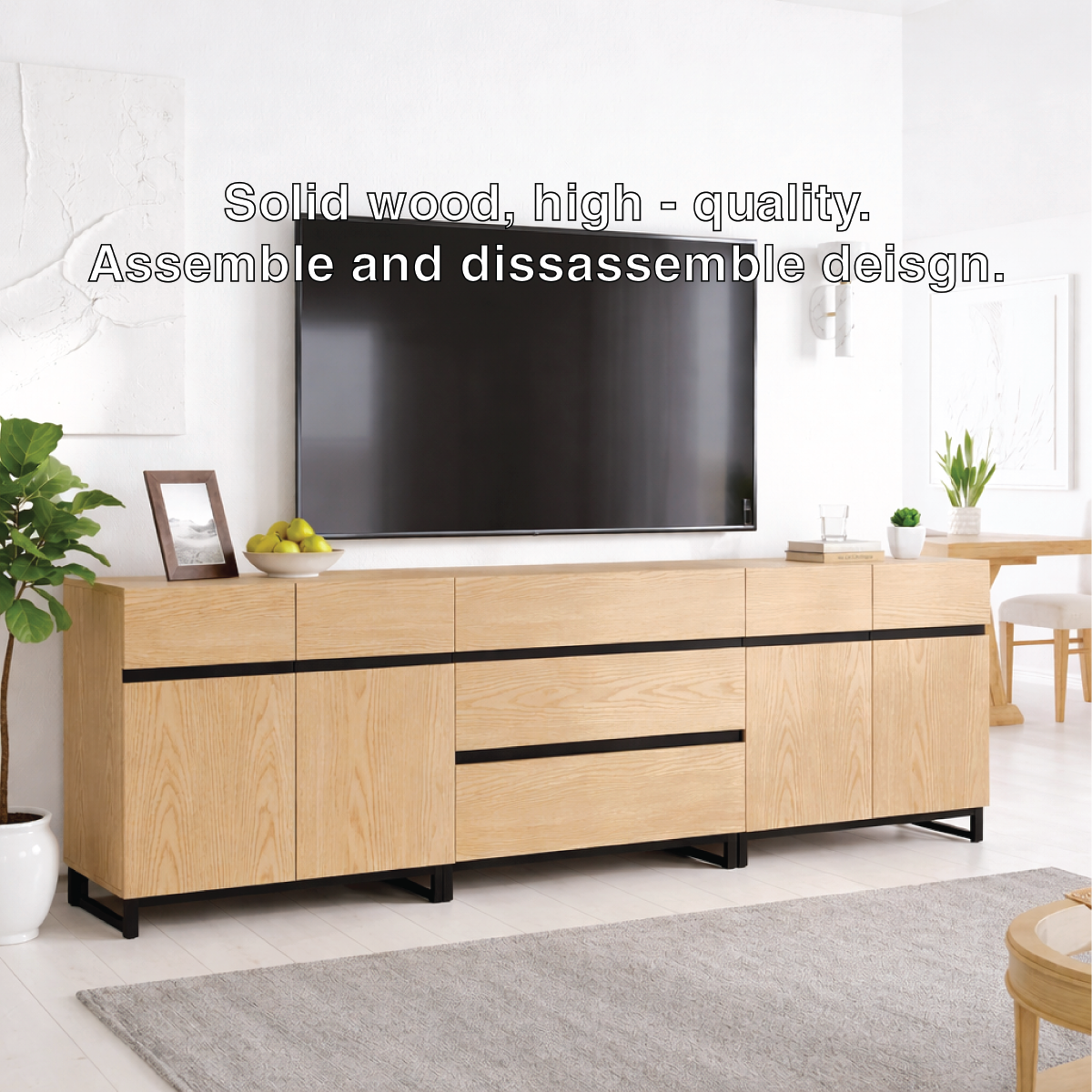 Modern Solid Wood TV Stand Long Media Console with Drawers Black Accent Lines