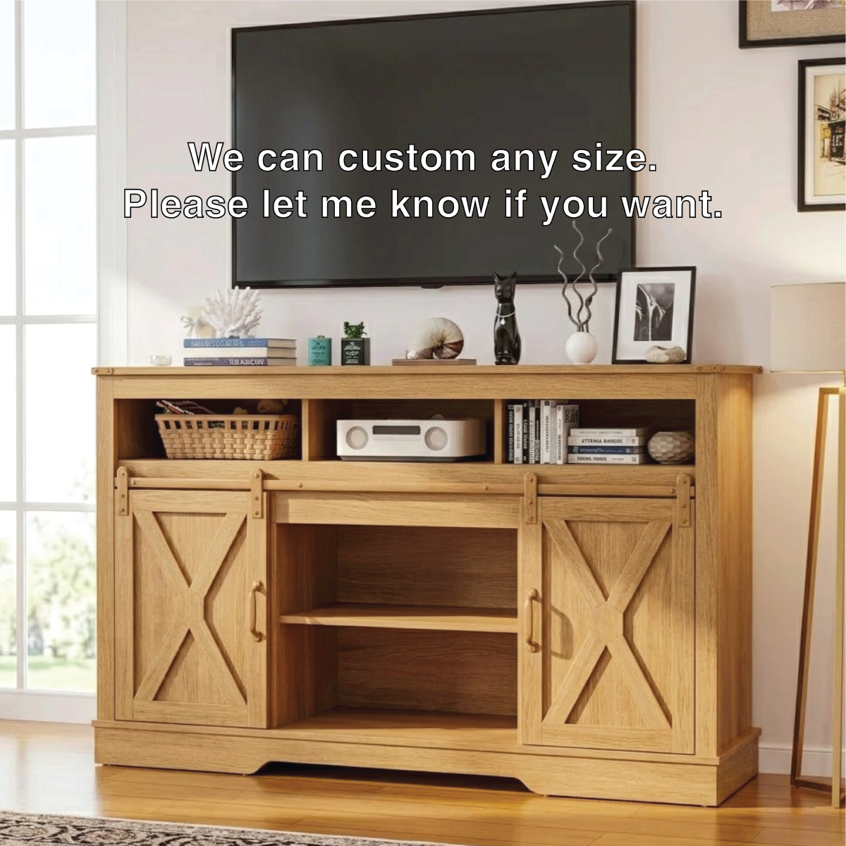 Farmhouse Solid Wood TV Stand Sliding Barn Door Media Console with Open Storage