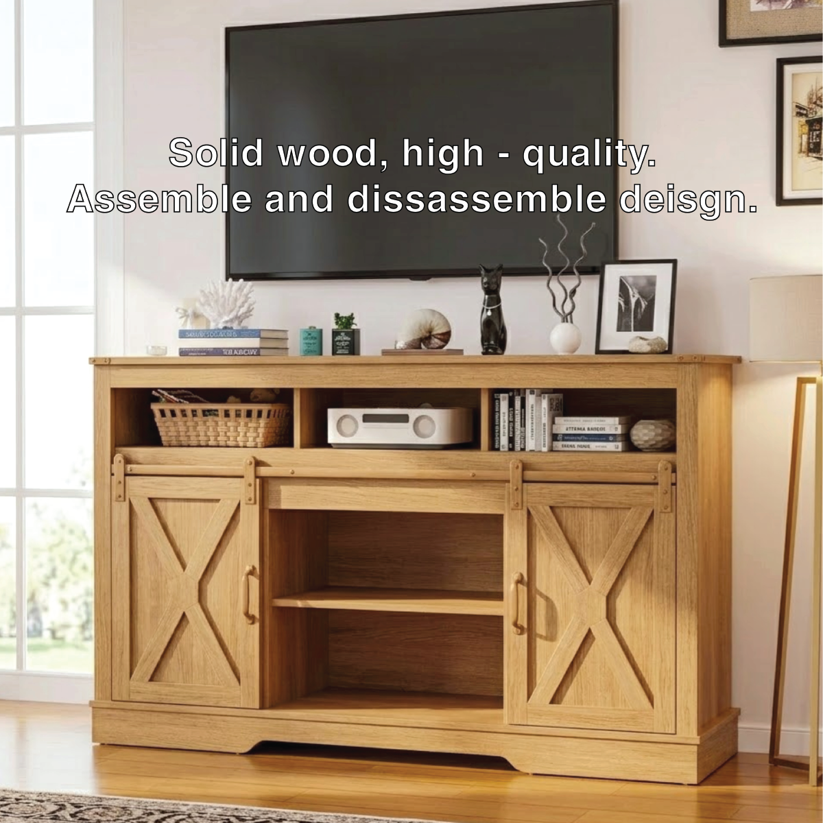 Farmhouse Solid Wood TV Stand Sliding Barn Door Media Console with Open Storage