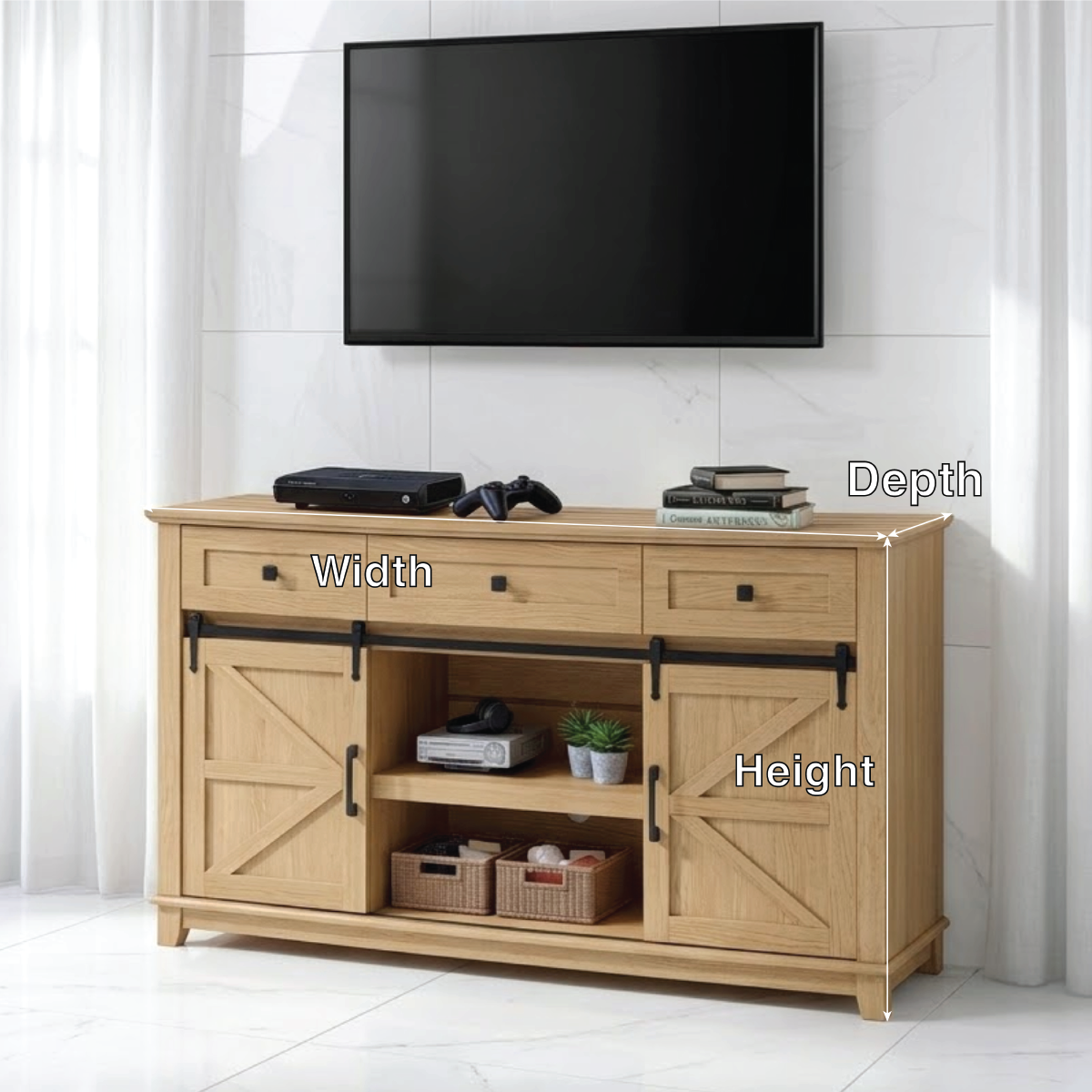 Solid Wood TV Stand with Sliding Barn Doors Drawers and Open Shelf