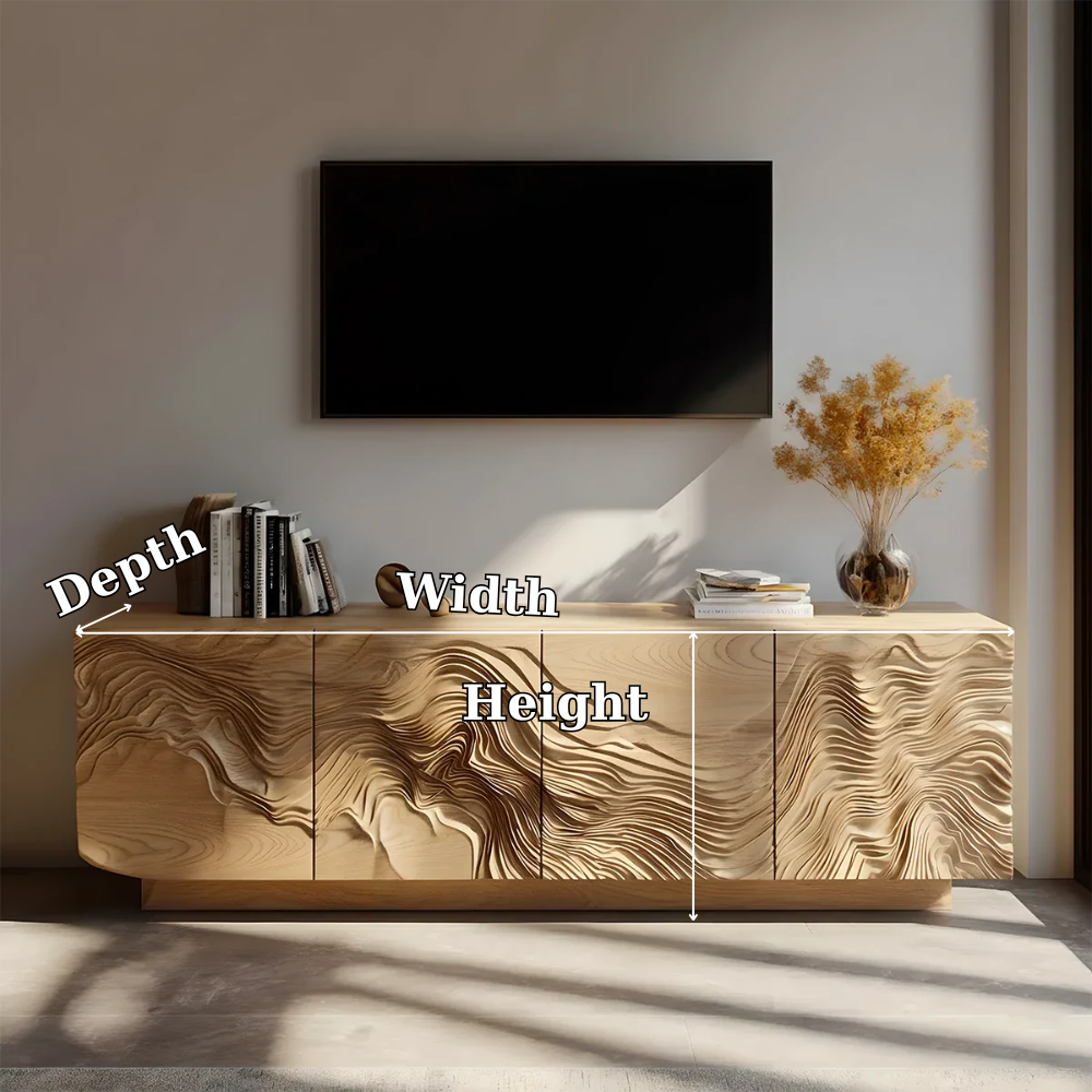 Solid Wood TV Stand with Carved Wave Design Modern Oak Media Console with Storage