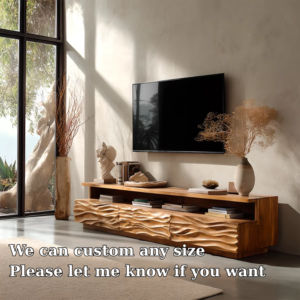 Solid Wood TV Stand Modern Oak Media Console with Carved Wave Doors and Storage