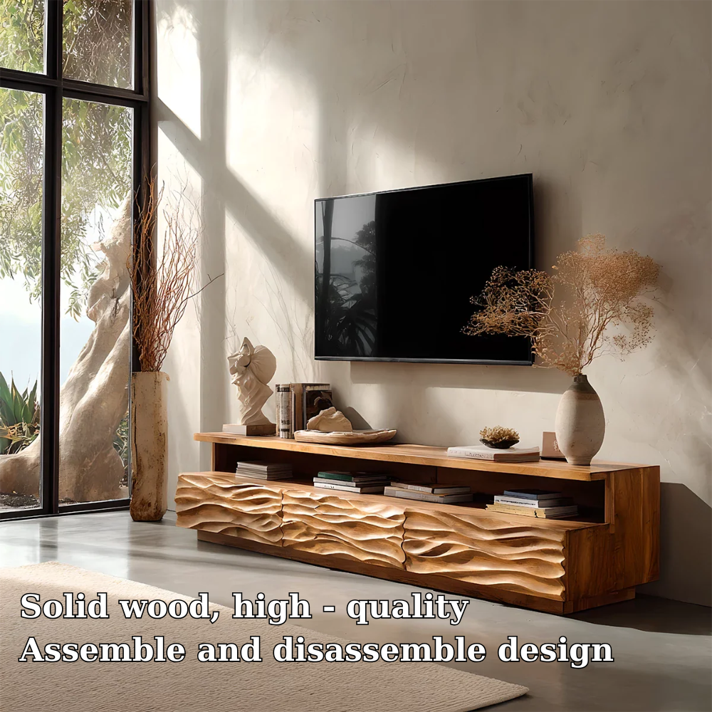 Solid Wood TV Stand Modern Oak Media Console with Carved Wave Doors and Storage
