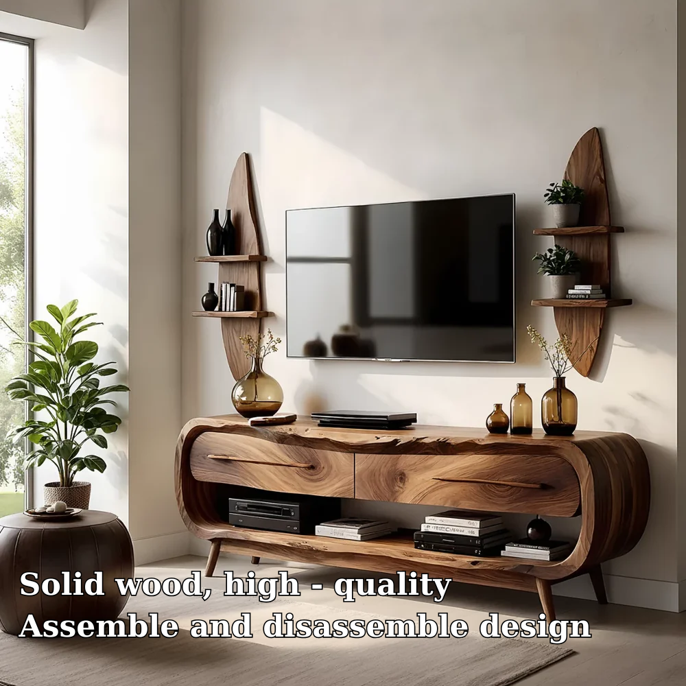 Solid Wood TV Stand Modern Walnut Media Console with Curved Design and Storage