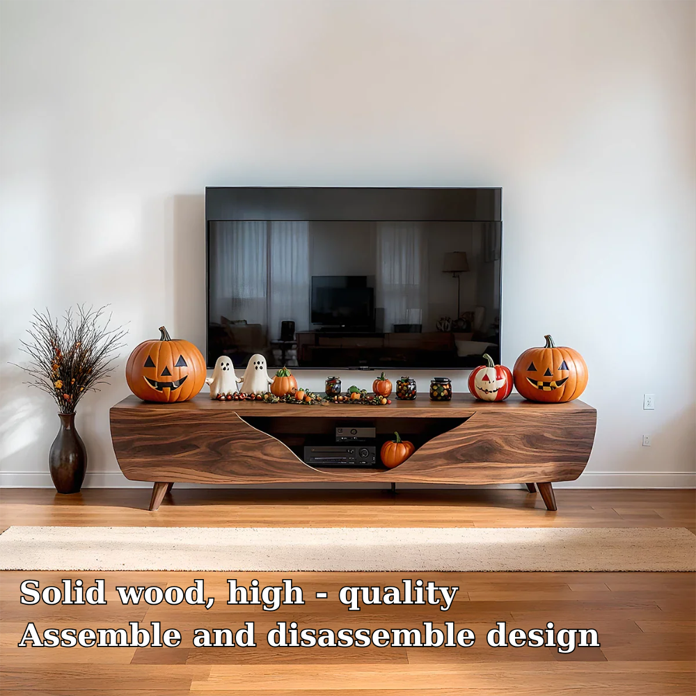 Solid Wood TV Stand Modern Walnut Media Console with Curved Front and Storage