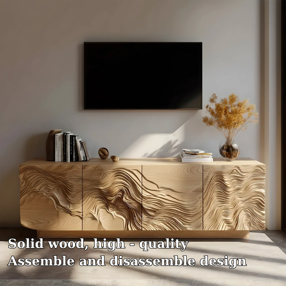 Solid Wood TV Stand with Carved Wave Design Modern Oak Media Console with Storage