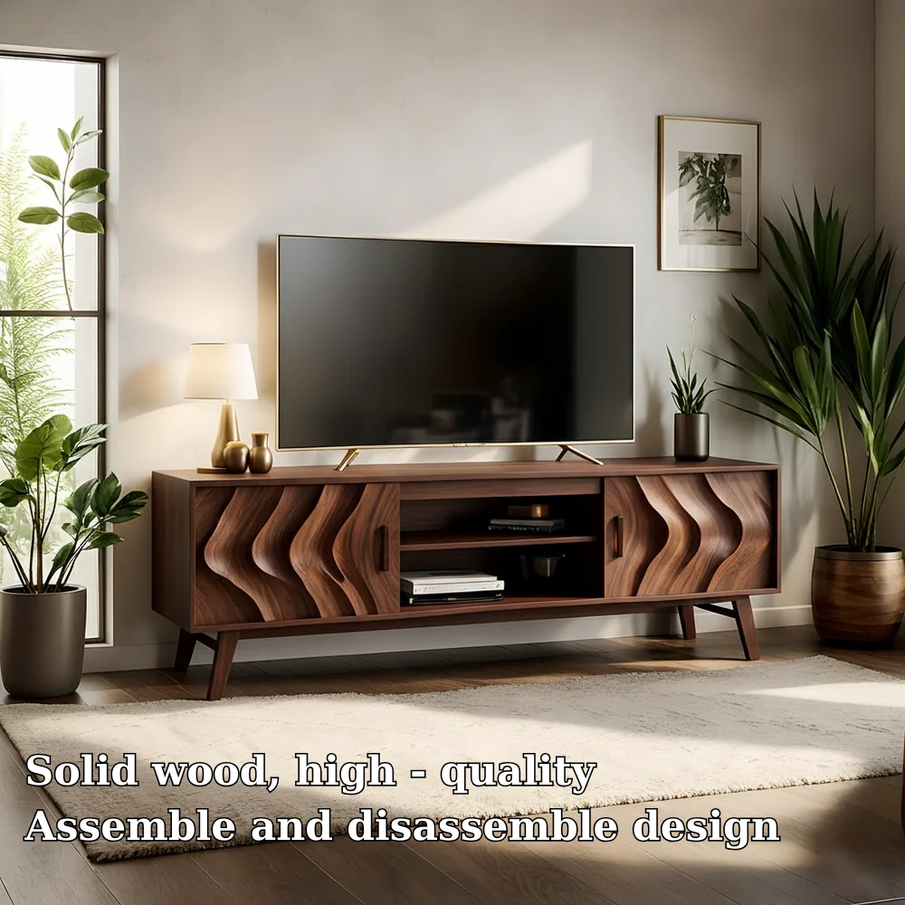 Solid Wood TV Stand Modern Walnut Media Console with Wave Doors and Storage