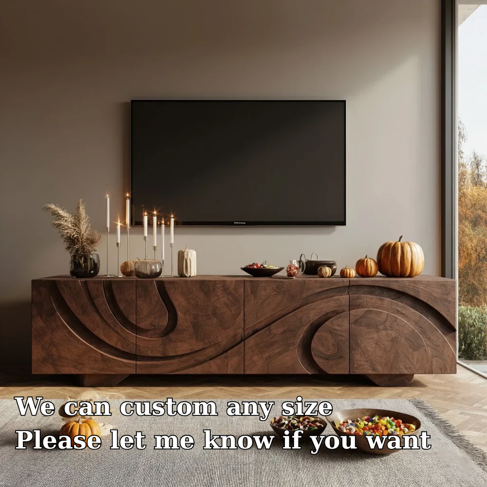 Solid Wood TV Stand Modern Walnut Media Console with Sculpted Doors and Storage