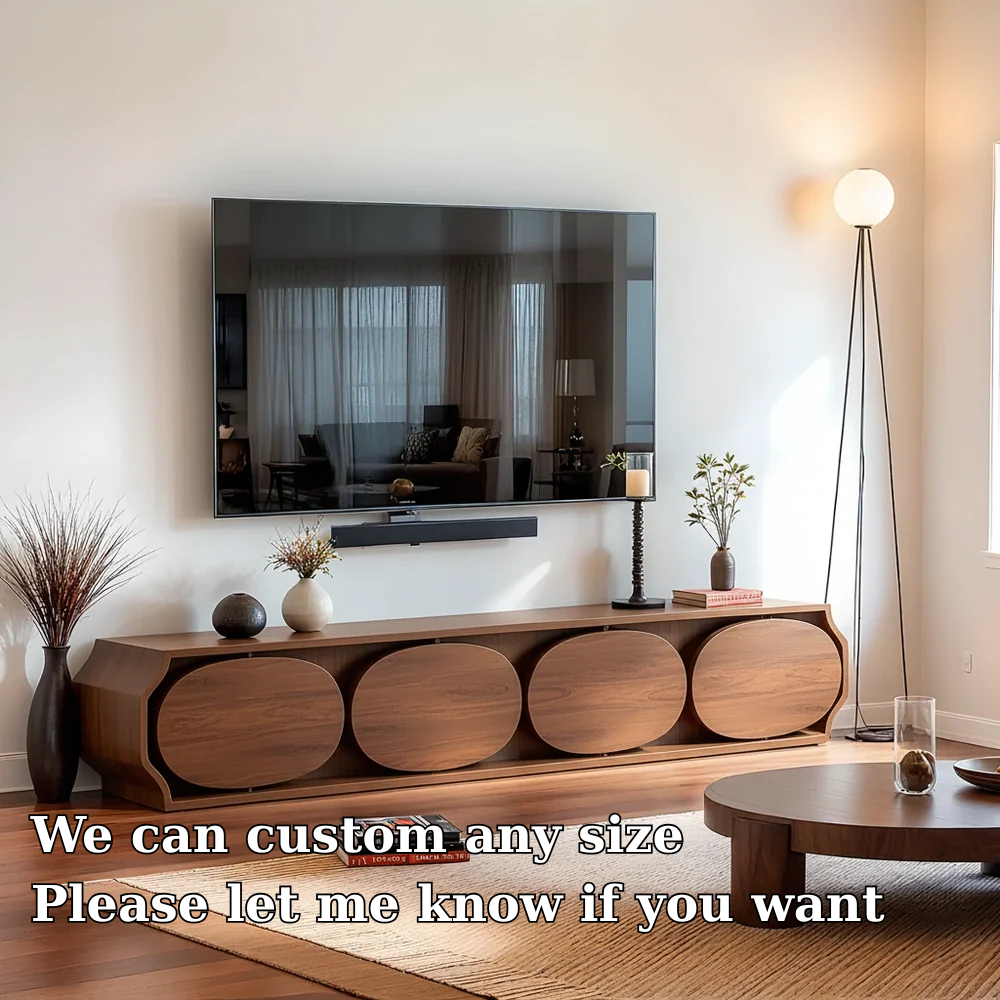 Solid Wood TV Stand Modern Walnut Media Console with Round Panel Doors and Storage