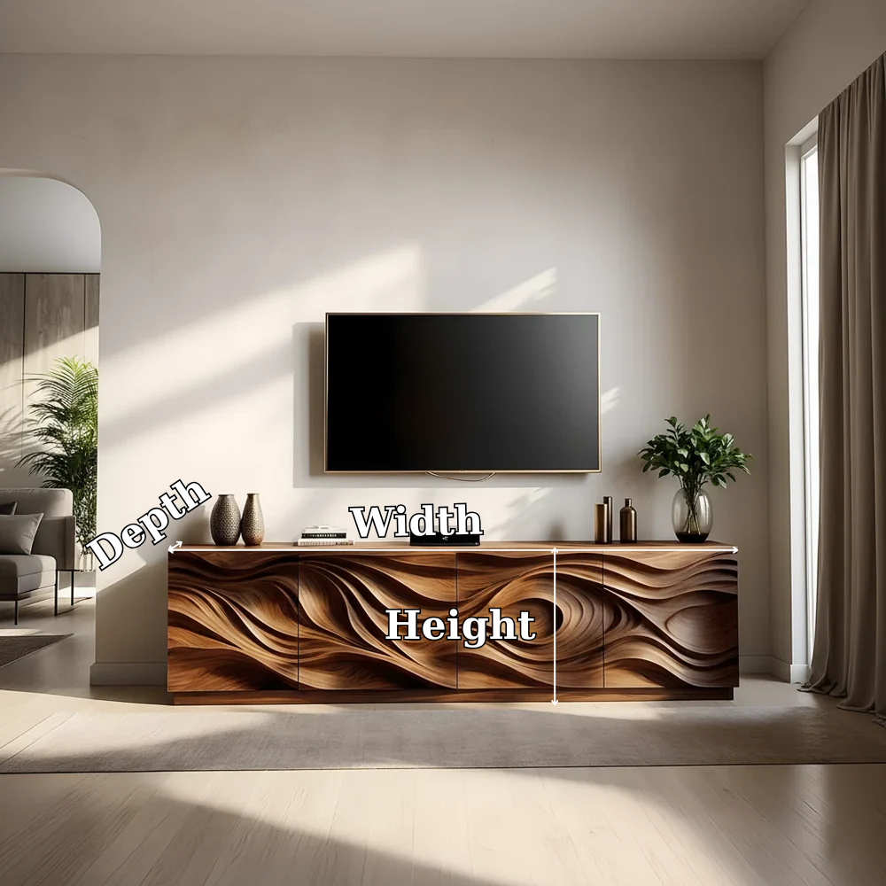 Solid Wood TV Stand Modern Walnut Media Console with Sculpted Wave Doors and Storage