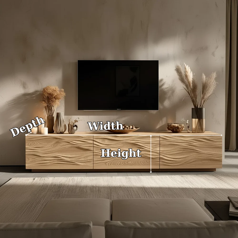 Solid Wood TV Stand Modern Oak Media Console with Wave Carved Doors and Storage