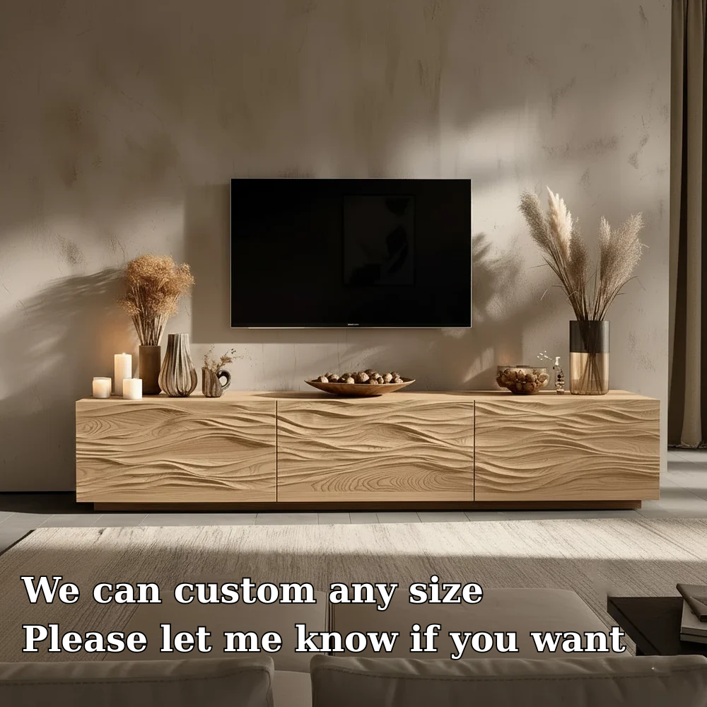 Solid Wood TV Stand Modern Oak Media Console with Wave Carved Doors and Storage