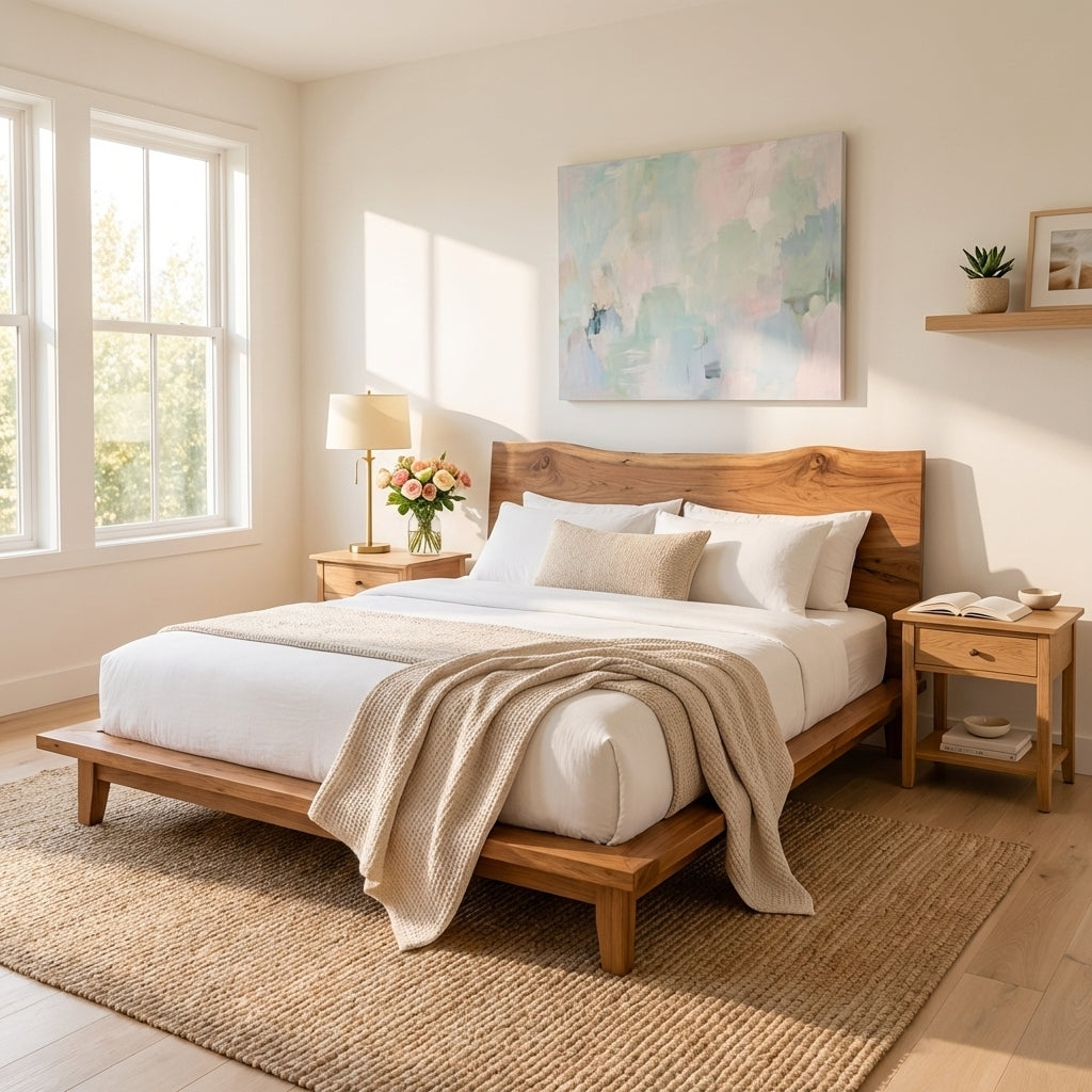 Handcrafted Solid Wood Live Edge Platform Bed Frame, Organic Wavy Headboard Furniture