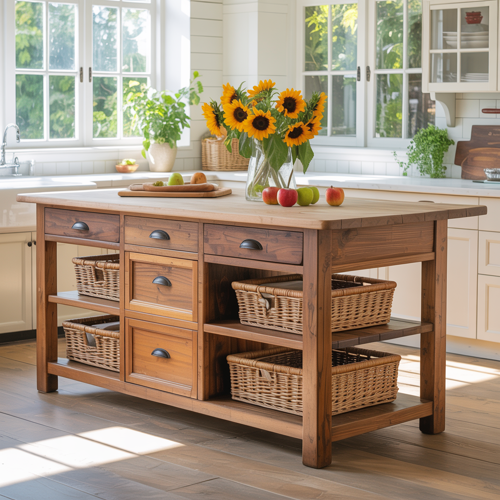 Solid Wood Kitchen Island with Drawers & Basket Storage – Farmhouse Prep Table