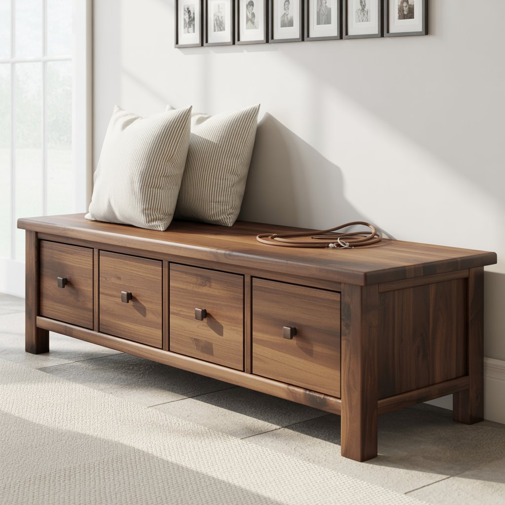Solid Wood Storage Bench with Drawers – Rustic Entryway Shoe Storage Bench