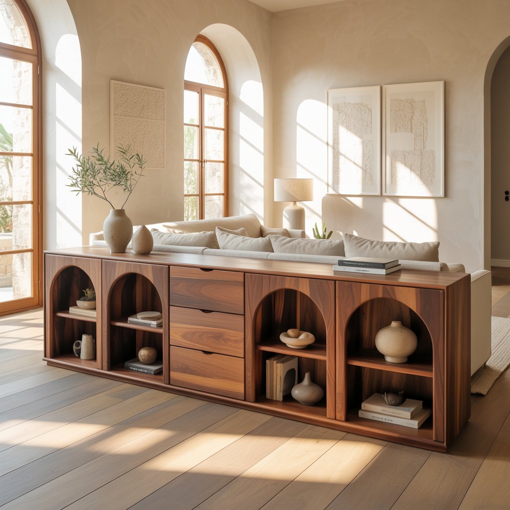 Solid Wood Console Table with Arched Shelves and Center Drawer Storage for Living Room