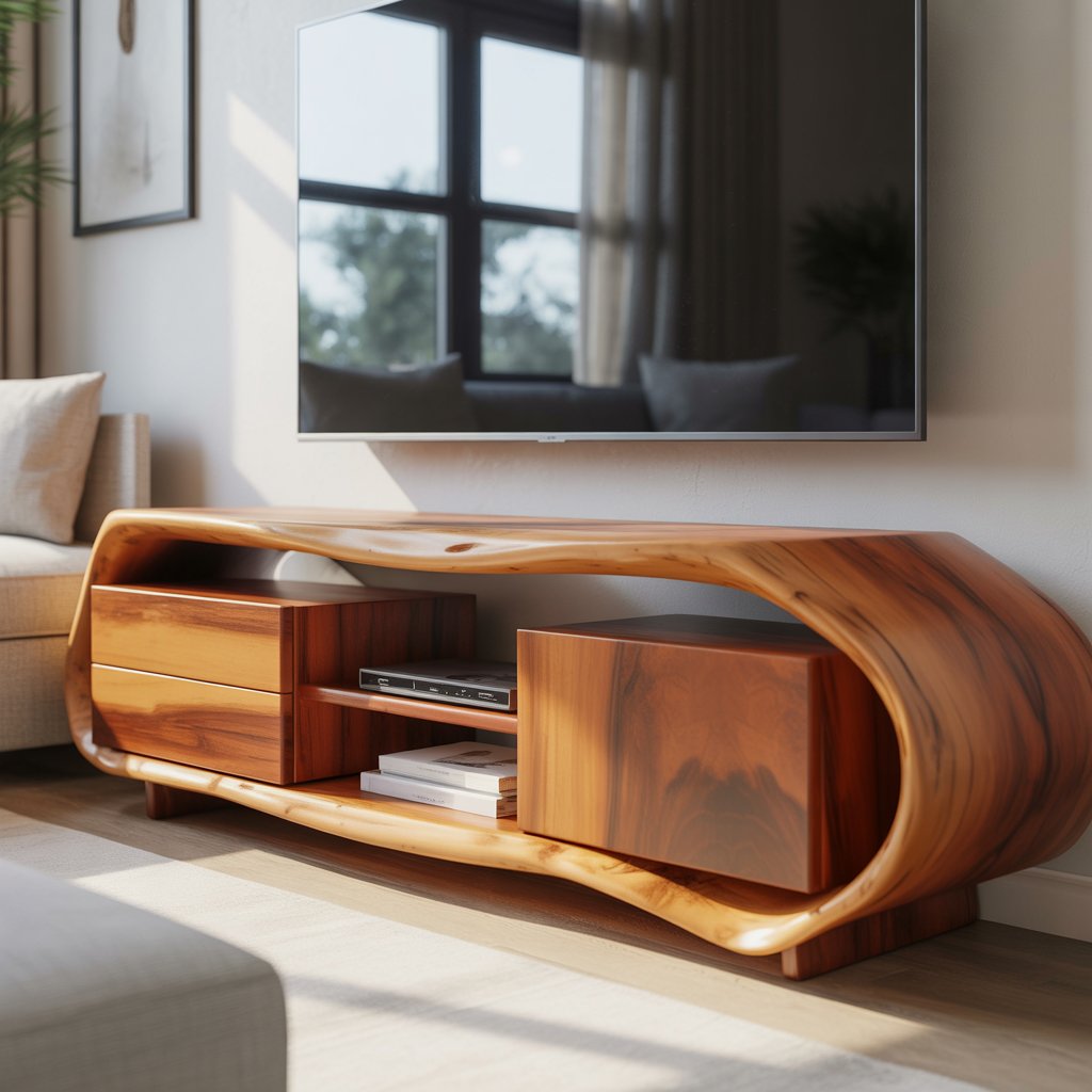 Solid Wood Curved TV Stand – Sculptural Media Console with Organic Design