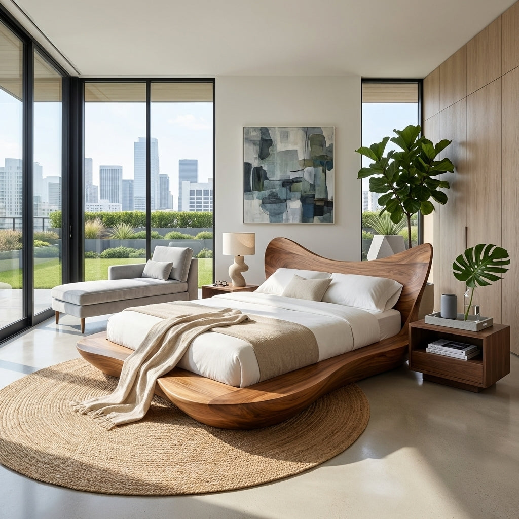 Handcrafted Solid Wood Sculptural Platform Bed, Organic Wavy Design Bed Frame