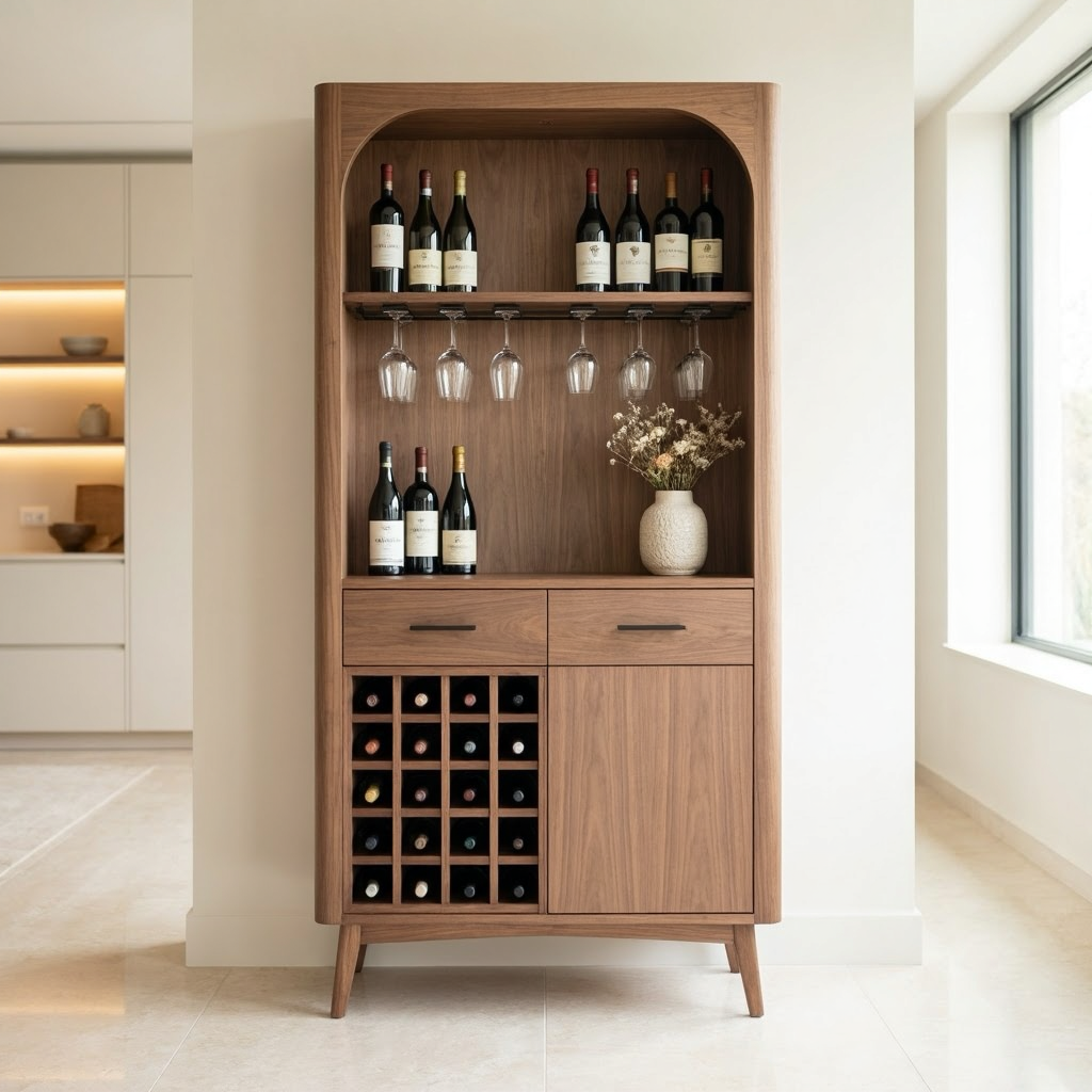 Solid Wood Wine Cabinet with Open Shelves, Glass Holder and Bottle Rack