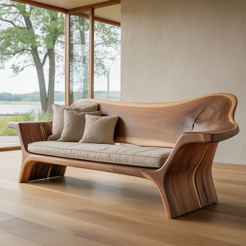 Sculptural Solid Wood Sofa – Organic Curved Wooden Bench Sofa