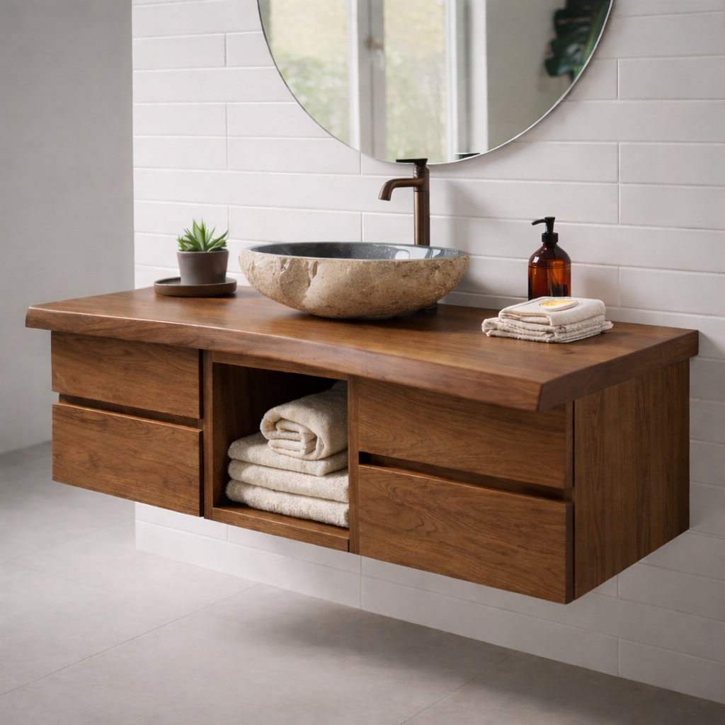 Floating Solid Wood Bathroom Vanity with Drawers and Open Shelf – Modern Minimalist Wall Mounted Cabinet