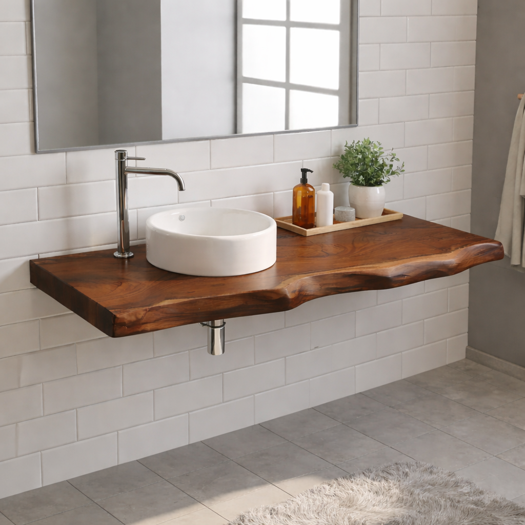 Floating Live Edge Solid Wood Bathroom Vanity Top – Rustic Wall Mounted Wood Countertop
