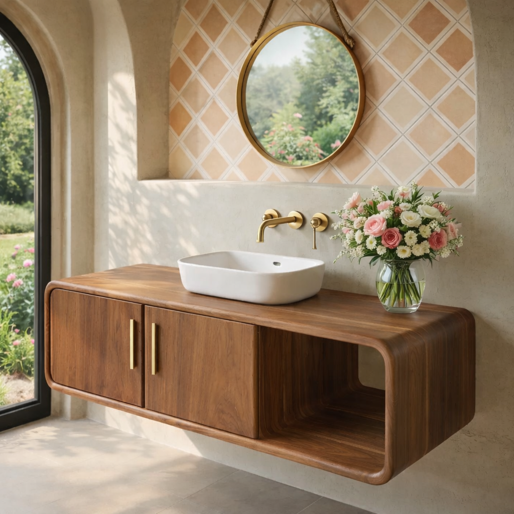 Floating Solid Wood Bathroom Vanity with Cabinet Doors and Open Shelf for Elegant Bathrooms
