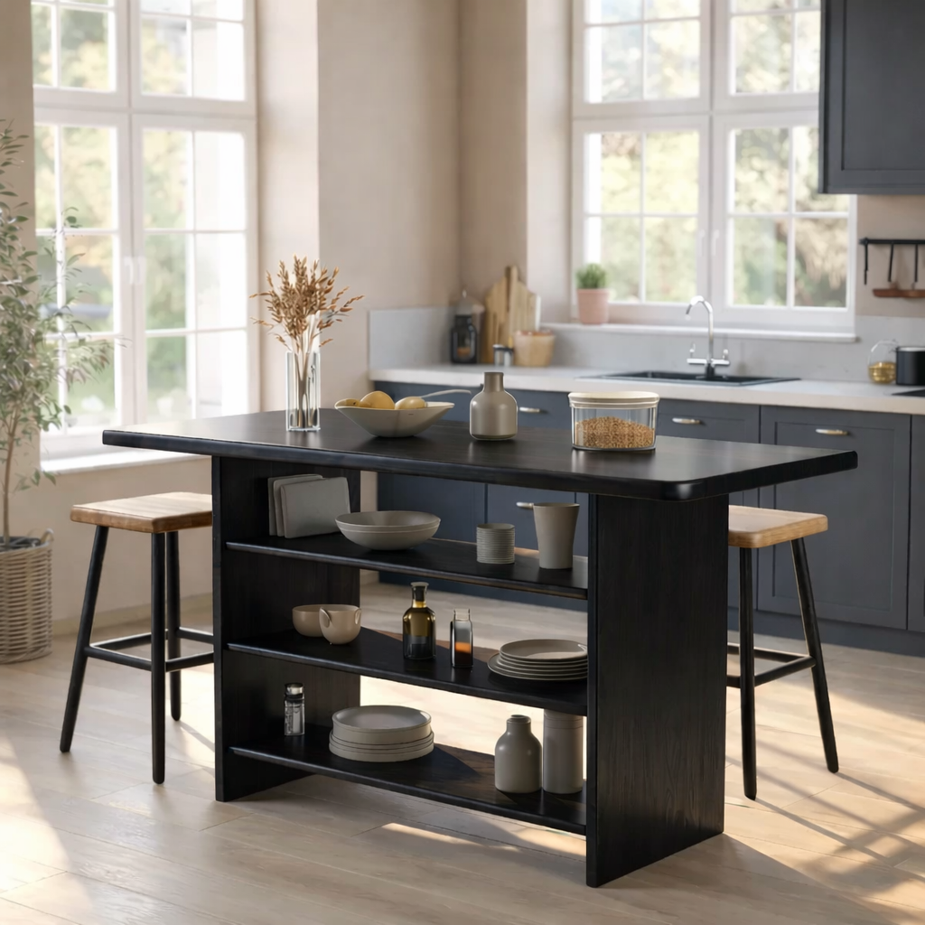 Solid Wood Kitchen Island with Open Storage Shelves and Kitchen Bar Table
