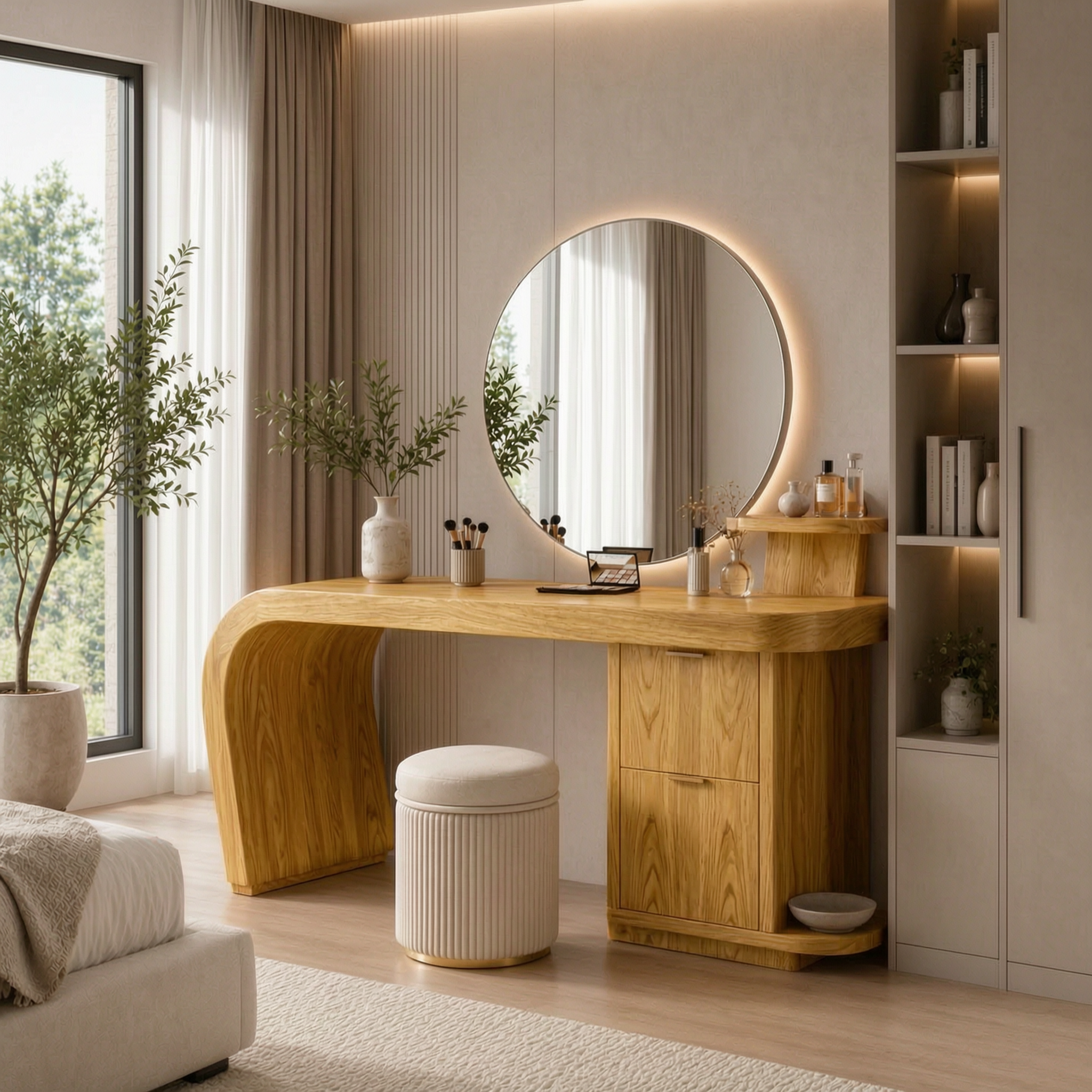 Solid Wood Makeup Vanity Desk with Curved Base and Storage Cabinet