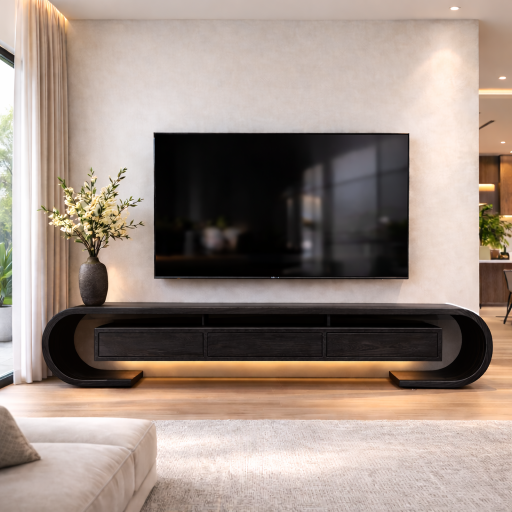 Modern Curved Solid Wood TV Stand – Walnut Floating Media Console with Drawers