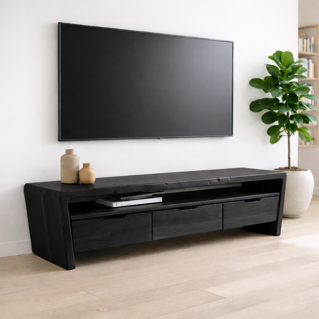 Solid Wood TV Stand with Drawers and Open Shelf for Minimalist Living Spaces