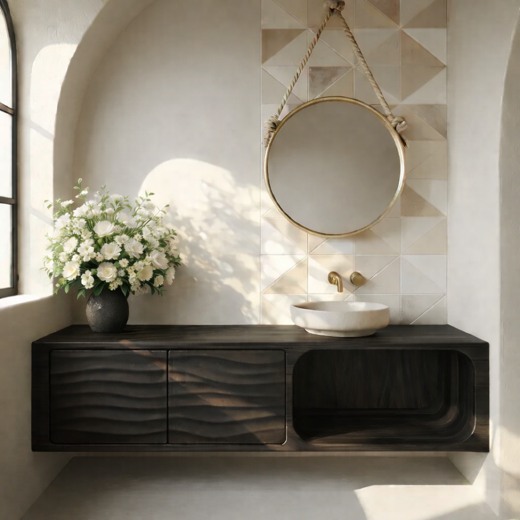 Floating Solid Wood Bathroom Vanity with Textured Cabinet Doors and Open Shelf for Contemporary Homes