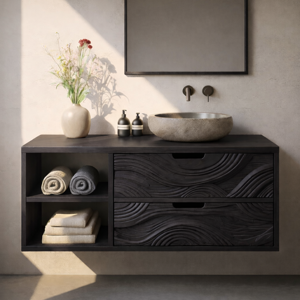 Floating Solid Wood Bathroom Vanity with Sculpted Wave Drawers and Open Shelf – Modern Organic Bathroom Cabinet