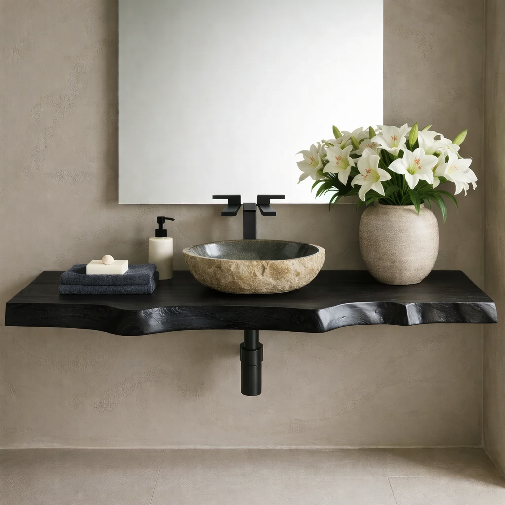 Floating Live Edge Solid Wood Bathroom Vanity Shelf – Natural Wood Slab Wall Mounted Countertop
