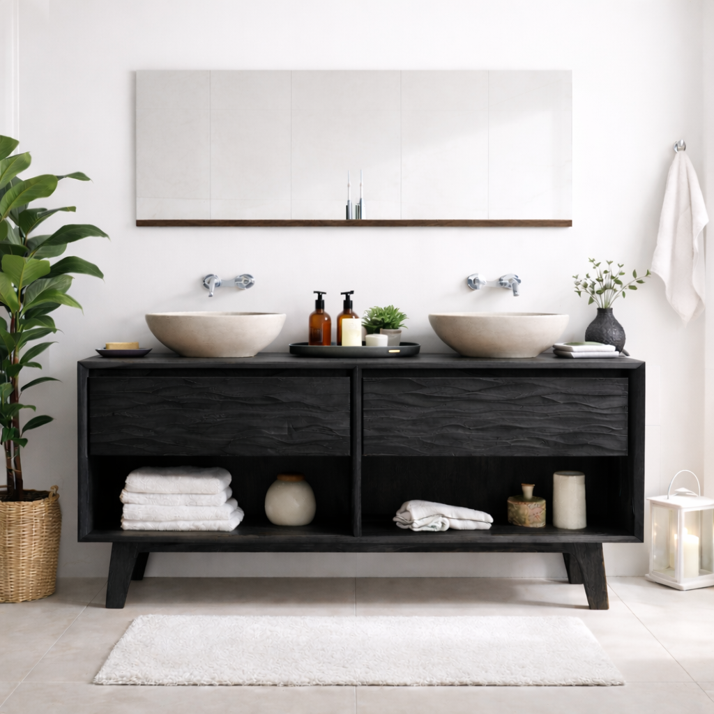 Mid-Century Solid Wood Double Bathroom Vanity with Sculpted Wave Drawer Fronts and Open Storage
