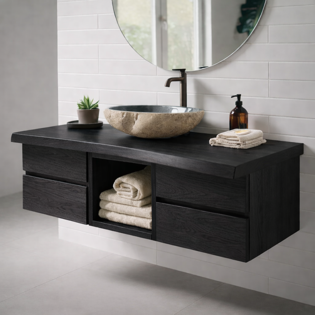 Floating Solid Wood Bathroom Vanity with Drawers and Open Shelf – Modern Minimalist Wall Mounted Cabinet