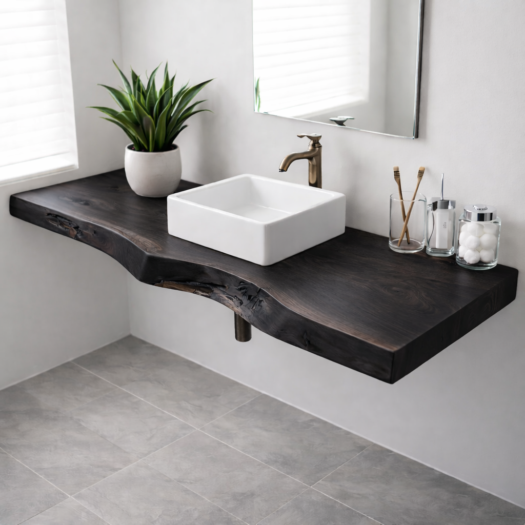 Floating Live Edge Solid Wood Bathroom Shelf Wall Mounted Natural Wood Vanity Top