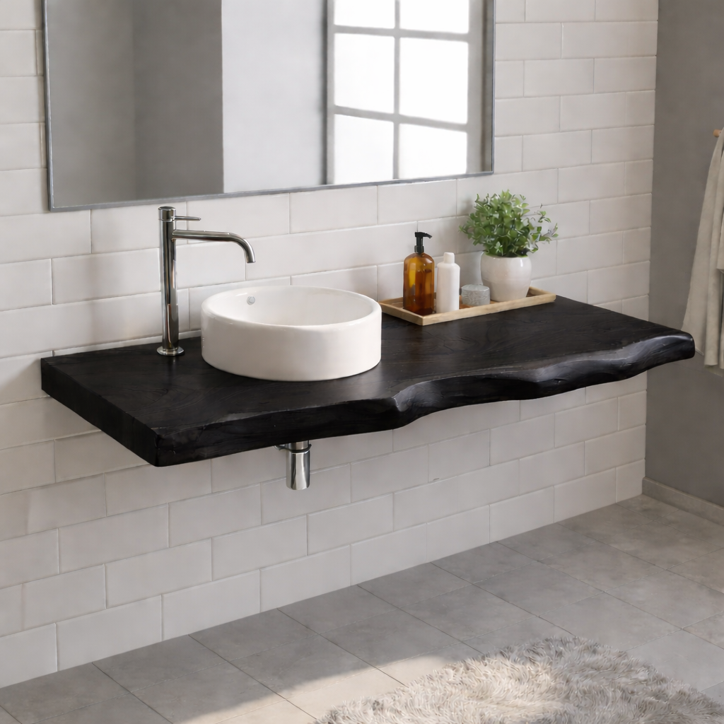 Floating Live Edge Solid Wood Bathroom Vanity Top – Rustic Wall Mounted Wood Countertop