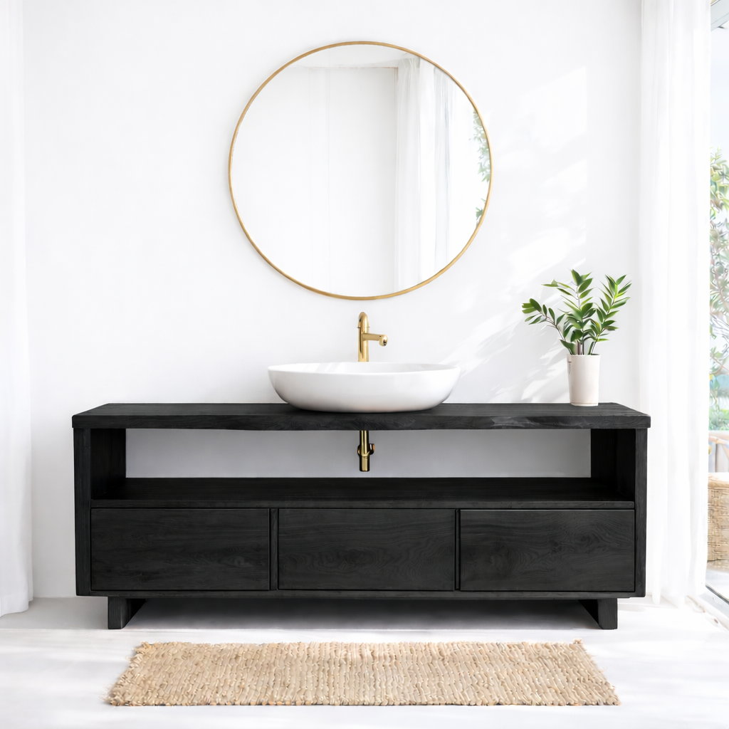 Solid Wood Bathroom Vanity with Open Shelf and Three Drawers – Rustic Freestanding Wood Vanity Cabinet