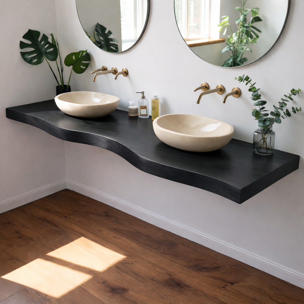 Floating Live Edge Solid Wood Double Sink Bathroom Vanity Top – Rustic Wall Mounted Wood Countertop