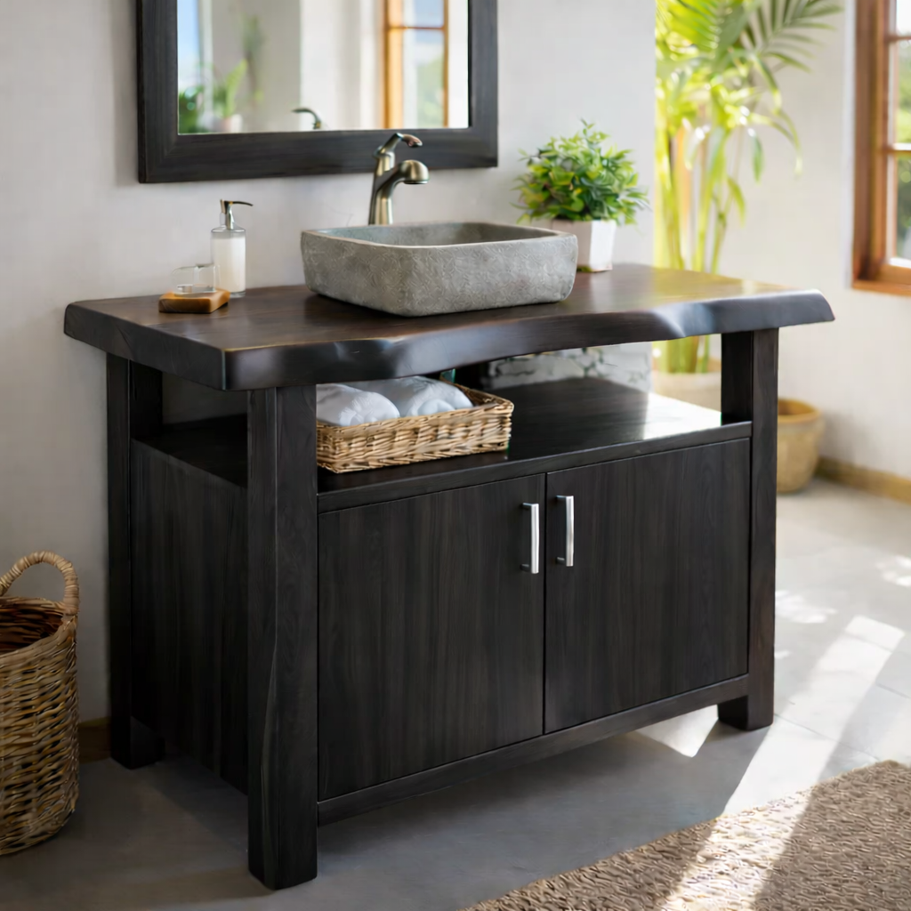 Solid Wood Bathroom Vanity Cabinet with Open Shelf Storage