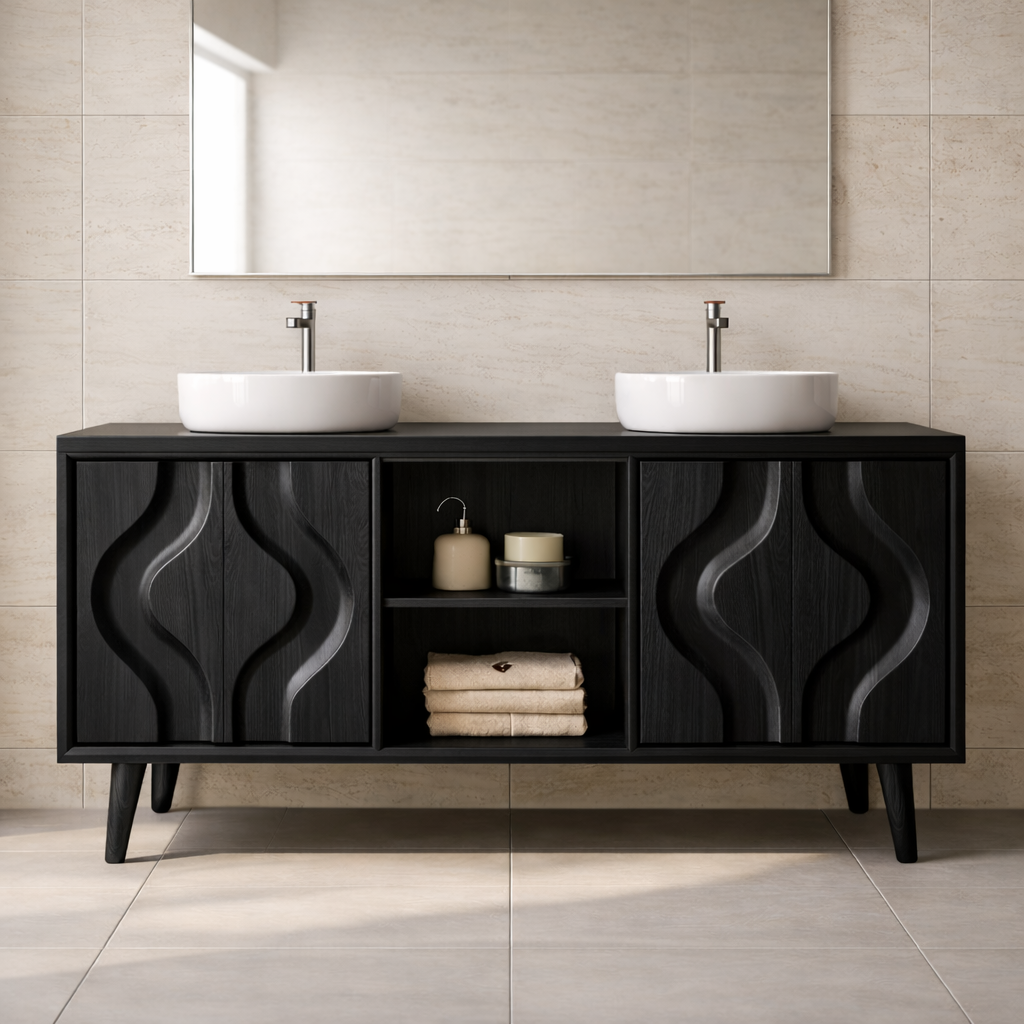 Mid-Century Solid Wood Double Bathroom Vanity Cabinet with Sculpted Wave Doors and Open Shelf