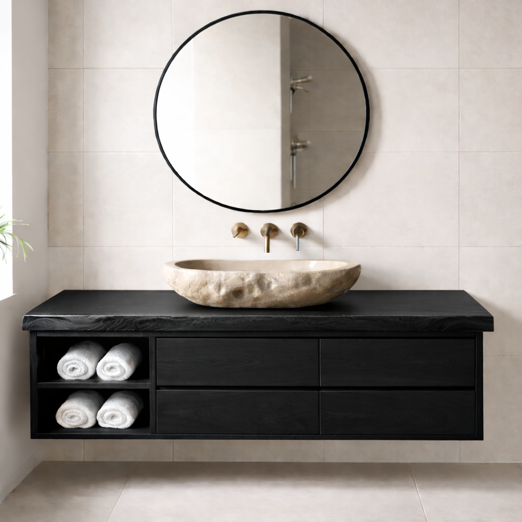 Floating Solid Wood Bathroom Vanity with Live Edge Countertop, Drawers and Open Storage
