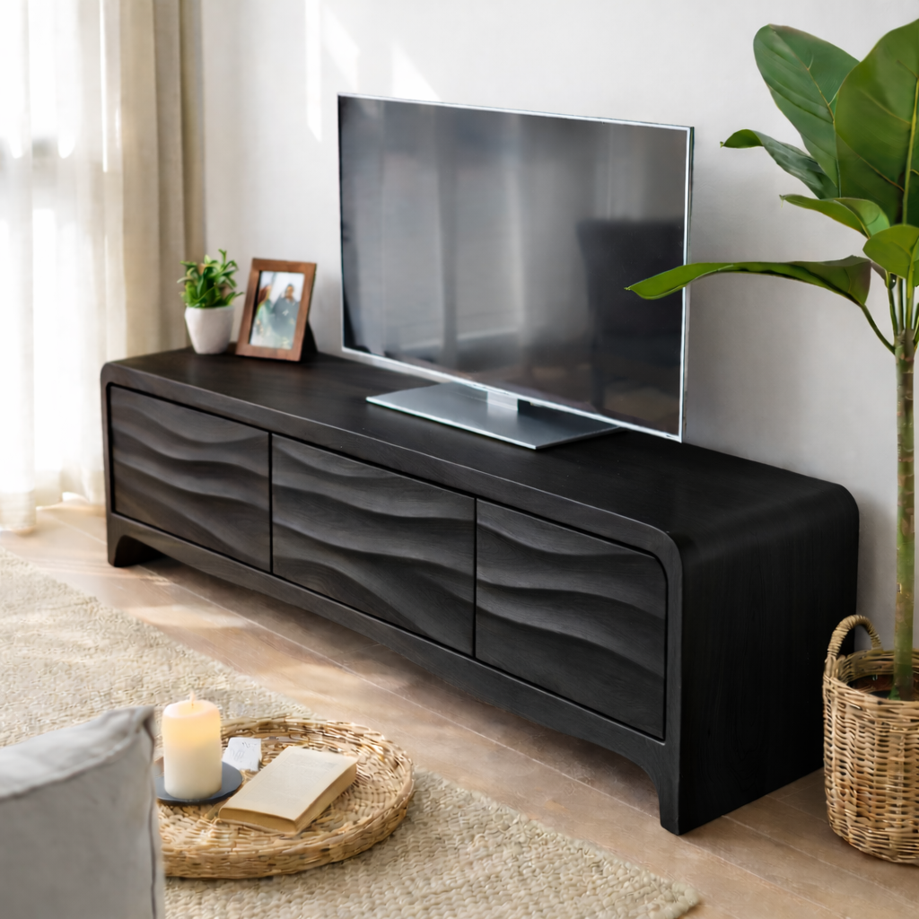 Solid Wood TV Stand with Wave Front Drawers for Modern Living Spaces