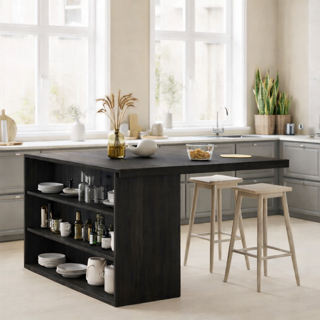 Modern Solid Wood Kitchen Island with Open Storage Shelves, Walnut Kitchen Bar Table