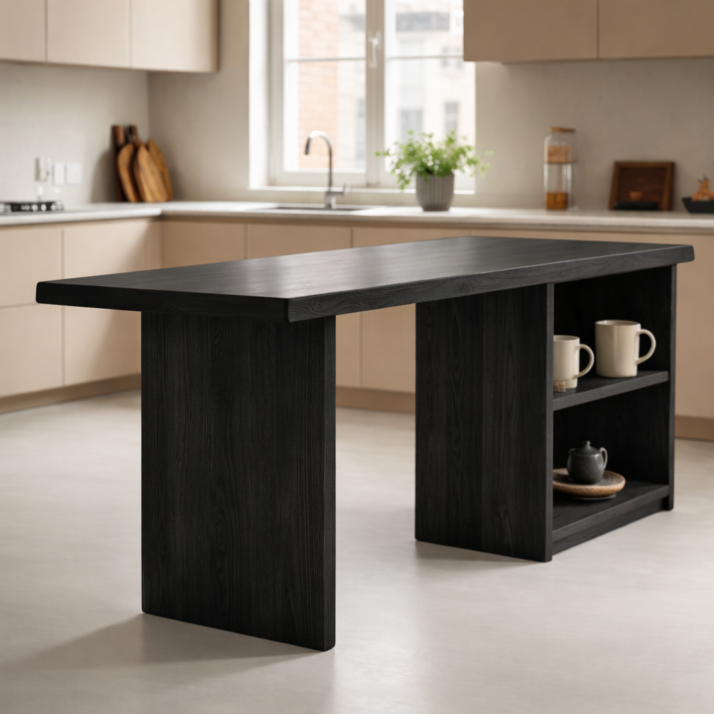 Solid Wood Kitchen Island with Open Shelf Storage and Spacious Prep Table