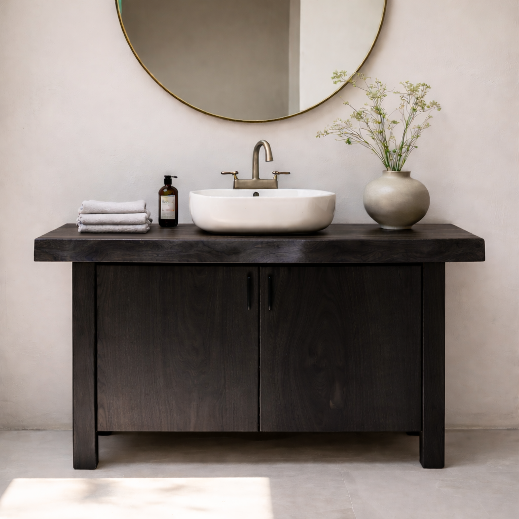 Solid Wood Bathroom Vanity with Slab Doors – Modern Organic Freestanding Single Sink Cabinet